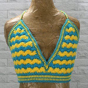 HAND CRAFTED Cropped Top Crochet Halter Bikini Dopamine Festival Fashion X-Large